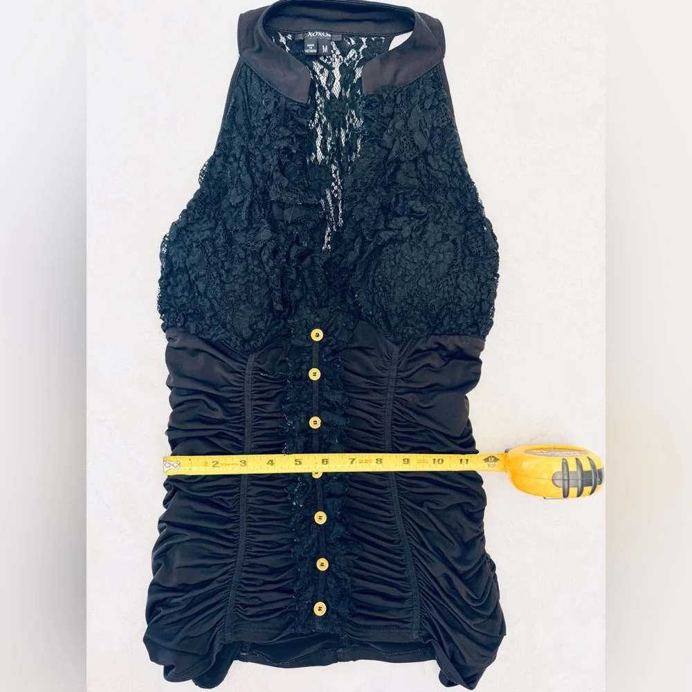 Black Lace & Ruched Button-Front Top - Picture 2 of 3